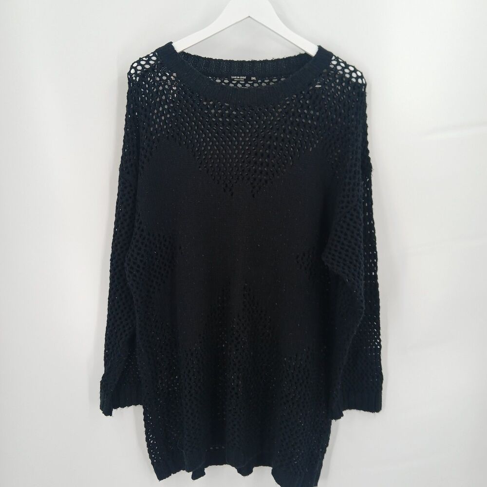 SHEIN Curve Black Open Knit Crochet Yoke Long Sleeve Sweater Top plus Size 2XL
